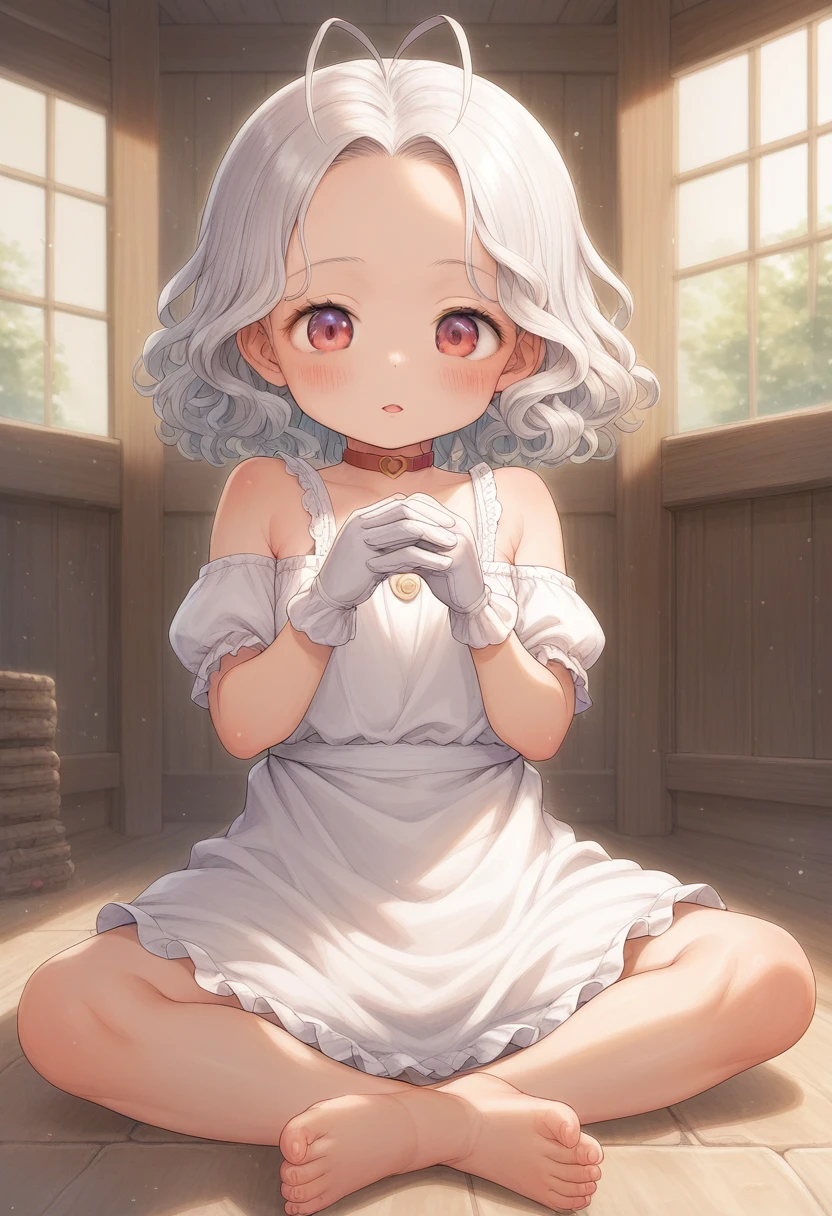 score_9, score_7_up, score_6_up, 1girl, source_cartoon, source_anime,breathtalking Scenery,watercolor,smooth soft skin, natural skin, 
BREAK 
(****:1.5),(little female child:1.5),(forehead:1.2), excessive detailed forehead,6 yo, kawaii, baby face,(short white curly hair:1.1), (white hair:1.2), (chestnut mouth:1.2),antenna hair, red eyes,ultra cute face,(blush:1.1),1girl,open mouth,littlesmile
BREAK
white gloves, red choker, frill, (white apron dress:1.1),off-shoulder, (red ribbon:0.8),full-face blush
BREAK
(indoors:1.3),In a secluded setting, surrounded by a dense forest, the bog lay hidden like a secret gem, its misty surface whispering tales of ancient times,full body,dynamicangle,dynamicpose,