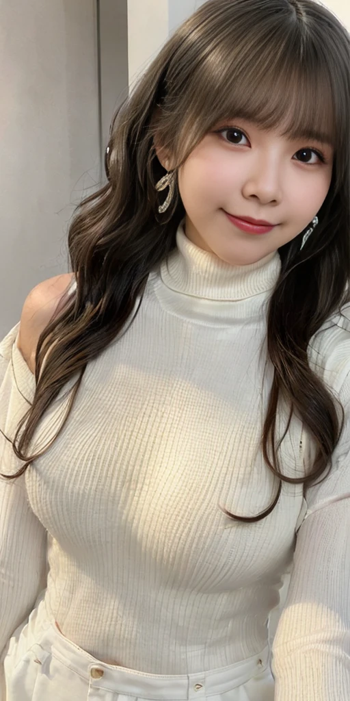 Female, 20 years old, short black wavy hair、bangss、Puffy nipple、(White Turtleneck Knit), cute smile face、((Poses that emphasize the buttocks、turned around))、sexy hips、Cute earrings、(Tilt your head slightly)、underwear、Peachy Butt、Torn、Tattered、See-through、Transparency、baby doll、Idol、garter belt