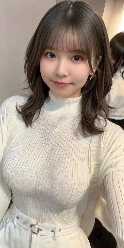 Female, 20 years old, short black wavy hair、bangss、Puffy nipple、(White Turtleneck Knit), cute smile face、((Poses that emphasize the buttocks、turned around))、sexy hips、Cute earrings、(Tilt your head slightly)、underwear、Peachy Butt、Torn、Tattered、See-through、Transparency、baby doll、Idol
