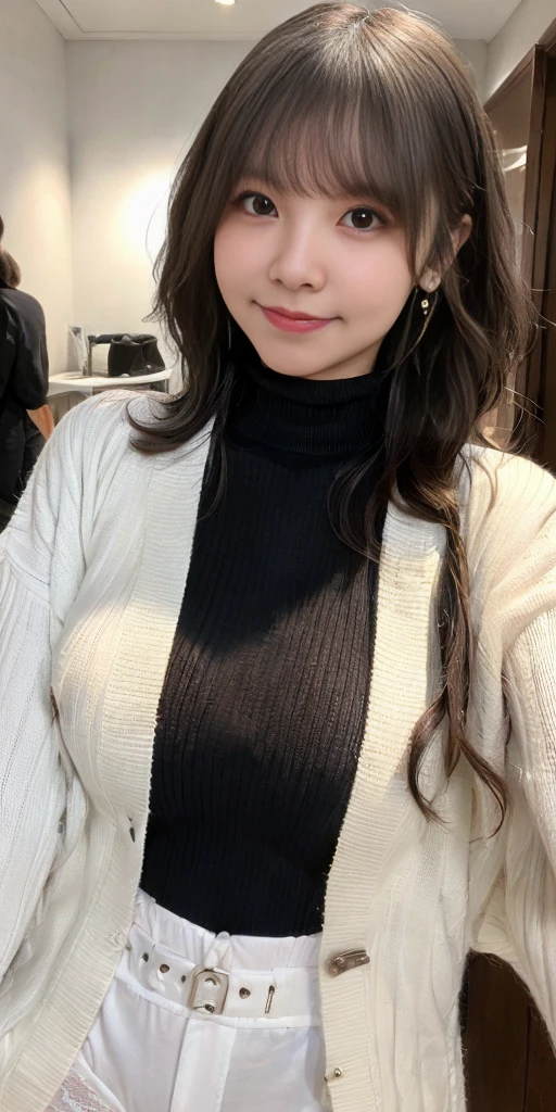 Female, 20 years old, short black wavy hair、bangss、Puffy nipple、(White Turtleneck Knit), cute smile face、((Poses that emphasize the buttocks、turned around))、sexy hips、Cute earrings、(Tilt your head slightly)、underwear、Peachy Butt、Torn、Tattered、See-through、Transparency、baby doll、Idol