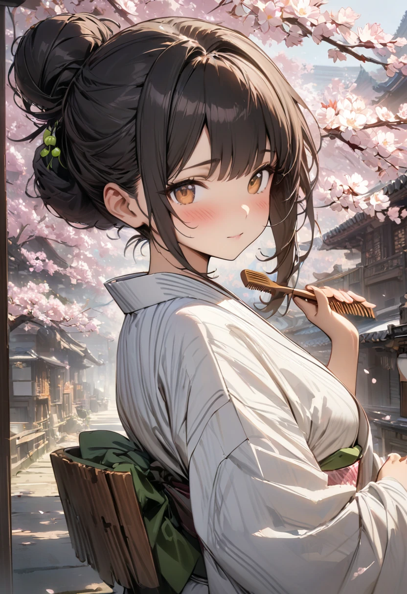 (concept art)),(masterpiece:1.2),(best quality:1.2),(masterpiece, best quality, ultra-high resolution), (1girl), Shiny black hair in high bun with wooden comb, dark brown almond-shaped eyes, fair skin with natural blush, white cotton yukata with pink and green cherry blossoms, pale pink obi tied in the back, serene and gentle.