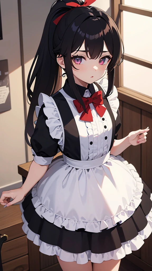 adulto, Cabello negro ondulado, mirada penetrante con ojos profundos de color rojo, estatura promedio, Silky hair with a ponytail hairstyle collected with a red bow with two white lines, tiene pechos medianos, primer plano, session, standing in the middle of his room [[[Risa malvada]]] , Sonrojada, muslos grandes, maid, sirvienta, nsfw, calzon blanco, raising her maid&#39;s skirt to show her panties to the camera, lifting her skirt to show her panties, agarrando la falda con sus dos manos para levantarla, SHOWING PANTIES, calzon blanco, falda levantada 
