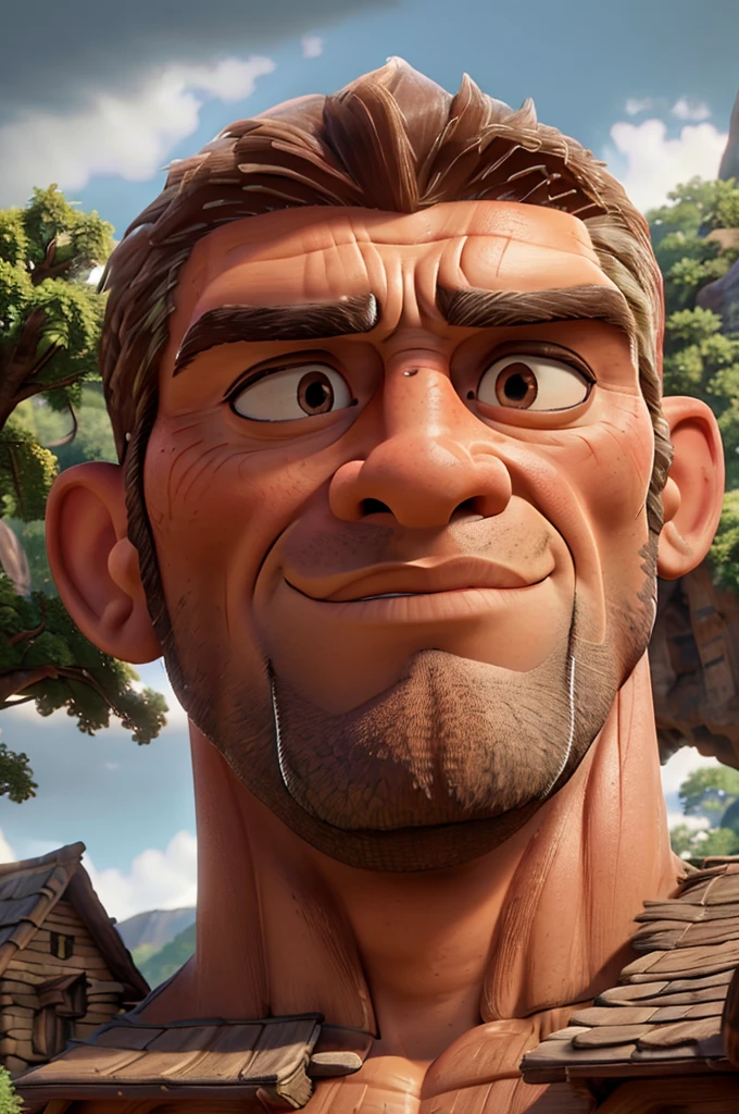A giant muscular man, extremely detailed face with penetrating eyes, chiseled jawline, rugged features, standing tall in a rustic village, detailed wood and stone buildings, lush greenery, warm afternoon sunlight, photorealistic, epic fantasy, dramatic lighting, cinematic composition, (best quality,8k,HDR,ultra-detailed,intricate details,sharp focus,vivid colors)