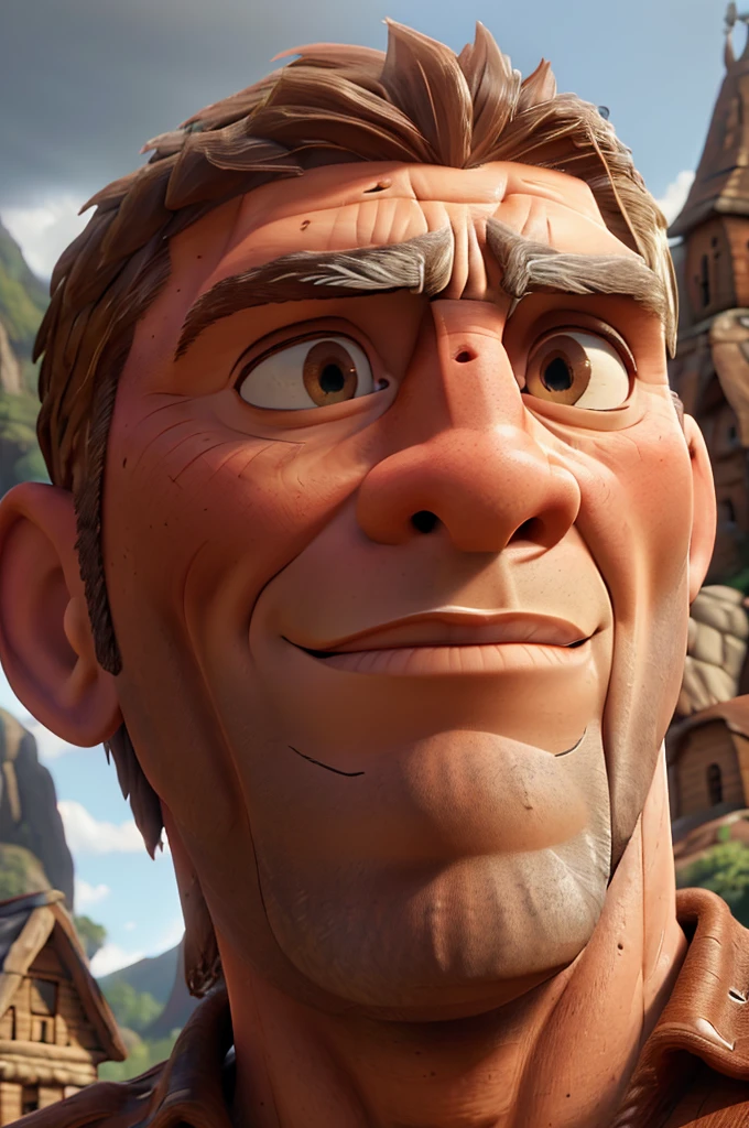 A giant muscular man, extremely detailed face with penetrating eyes, chiseled jawline, rugged features, standing tall in a rustic village, detailed wood and stone buildings, lush greenery, warm afternoon sunlight, photorealistic, epic fantasy, dramatic lighting, cinematic composition, (best quality,8k,HDR,ultra-detailed,intricate details,sharp focus,vivid colors)