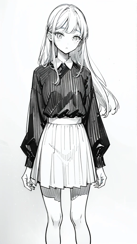One Girl,Line art,Monochrome,sketch,Pencil drawing,Traditional Media,One Girl, 黒いskirtフェンス, Long Hair Shirt, Long sleeve, skirt, alone、Are standing、Cute age Girl, ,Beautiful portrait、Delicate body、Esbian all over、saw、ru、Bob、Patsun,