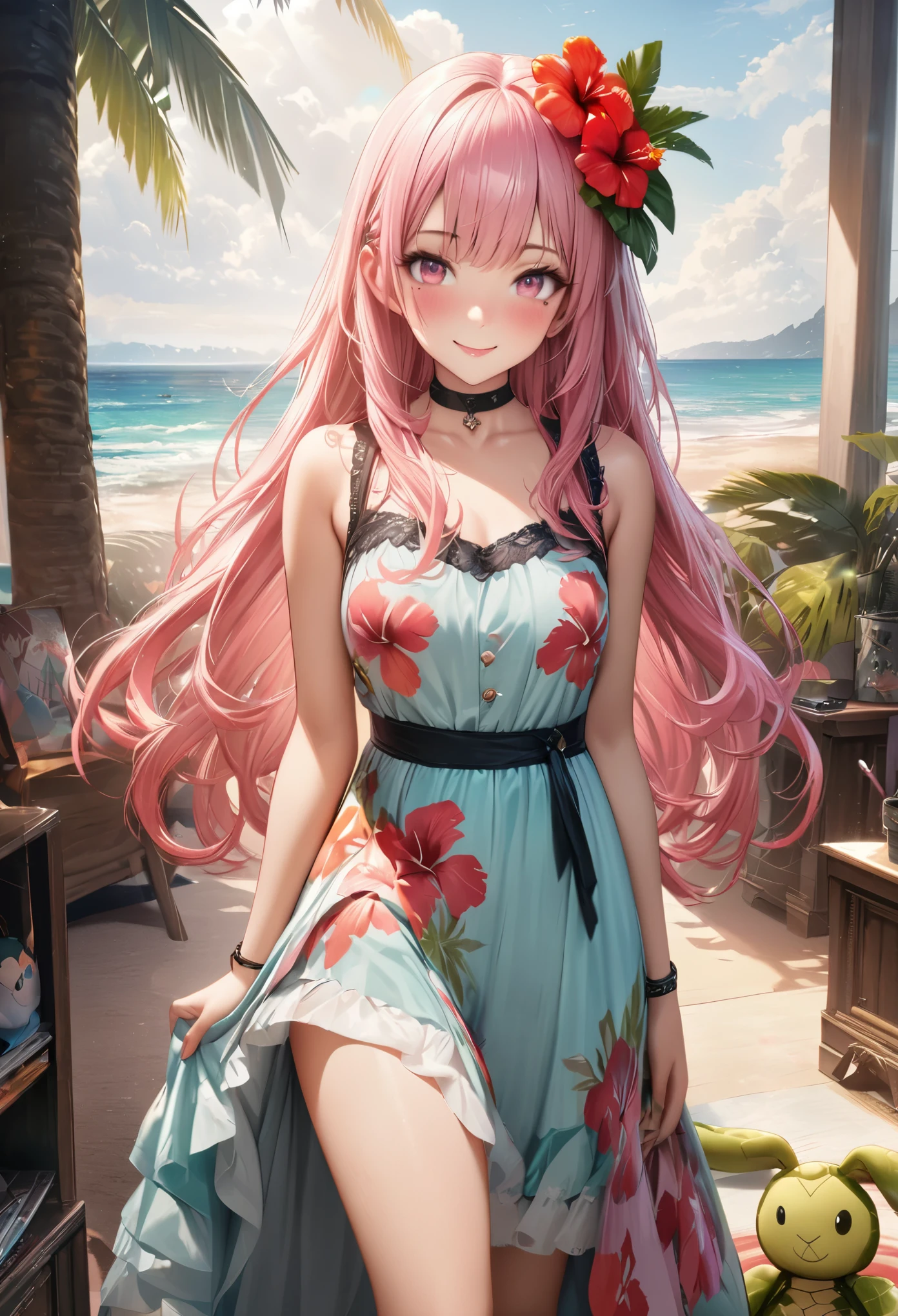 Masterpiece, Best Quality, Highly Detailed, High Definition, High Definition, High Definition, 4k, 8k, Unity 8K Wallpaper, Highly Detailed CG, Masterpiece, Realistic, Beautiful Details, Depth, Fine Texture, Best Quality: 1.3, Total concentration, perfect skin, boyfriend, very cute anime, cute like an idol, tall pink semi-long hair, one girl, Hawaiian dress, cute stuffed rabbit, stuffed sea turtle, palm tree, greeting, hibiscus hair decoration, smile, afternoon, coffeetime,long pink hair, whole body, mole under the eye, gaze, high, blush, lips parted, his art, pink eyes, choker
