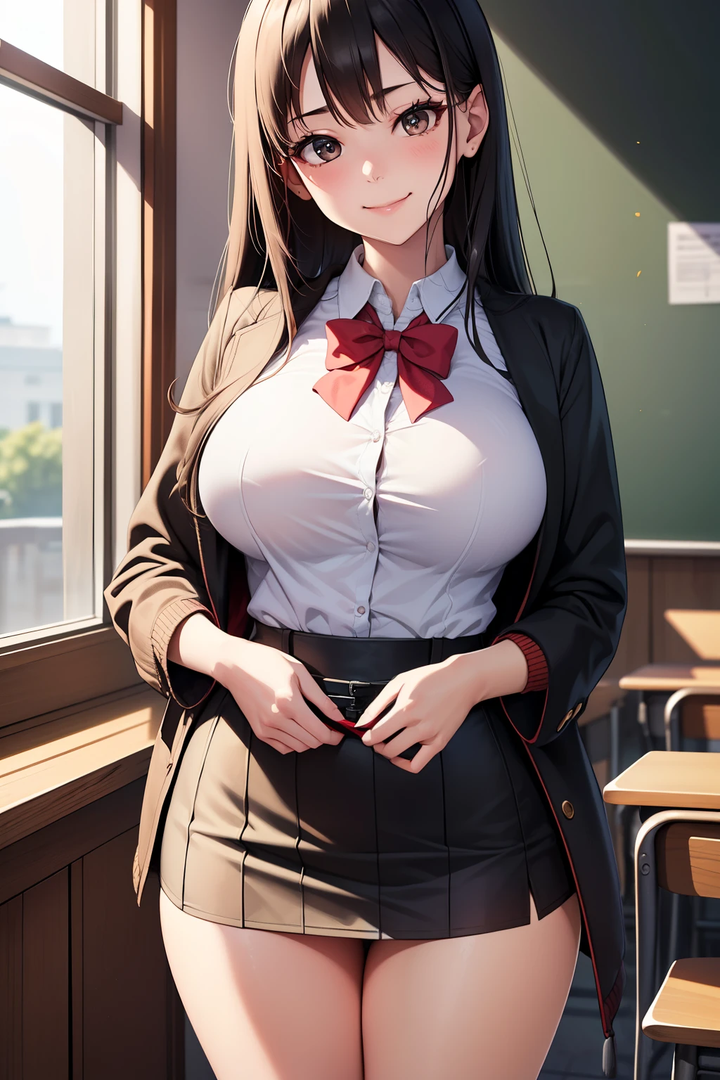 (超High resolution,4K,Very detailed, photograph, 8k, High resolution, High resolution, Absurd:1.2),18 year old Japanese female,expensive,Long black hair,Beautiful character design,Beautifully detailed eye depiction,Perfect Face,Expressive eyes,Brown eyes,Please smile with your teeth showing,(Red bow tie,Black jacket,Open jacket,Brown cardigan,White shirt,Black Skirt,Checked skirt),(Large Breasts:1.2),(See-through bra:0.3),Tight waist,In the classroom,Daytime,Are standing,(Lift the hem of a skirt),White sheer lace panties,Cowboy Shot,At the front