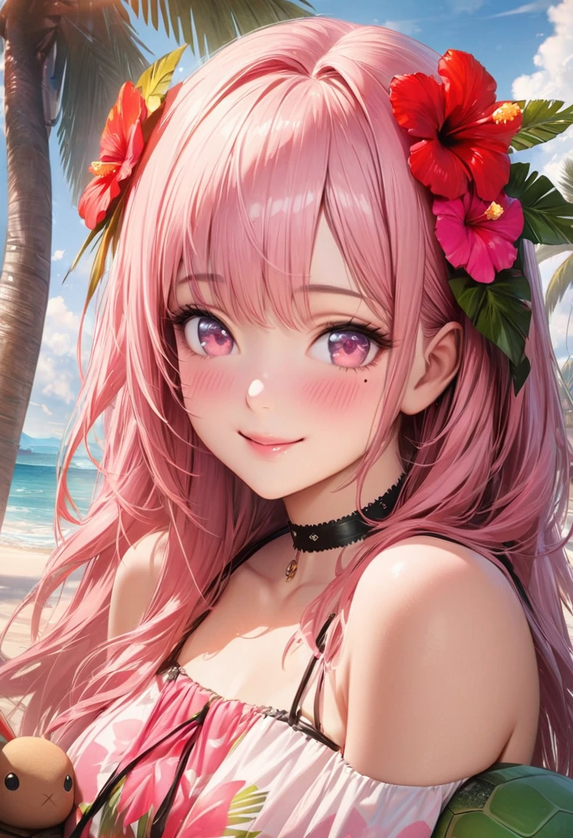 masterpiece,highest quality, Very detailed, High resolution, expensive resolution, High resolution, 4K, 8k, unity 8k wallpaper, Very detailed CG, masterpiece, 2D, 3D, Beautiful details, depth, Fine texture , highest quality: 1.3, Fully focused, Crunchy.skin, .he,
Very cute anime girl 、bikini、Big Breasts、Pink medium-long hair wearing expensive , One Girl、Palm tree、Seaside, Mole under the eye, looking at the viewer , expensive , blush, Mole, Lips parted, hibiscus hair accessory, heart, Pink Eyes, choker