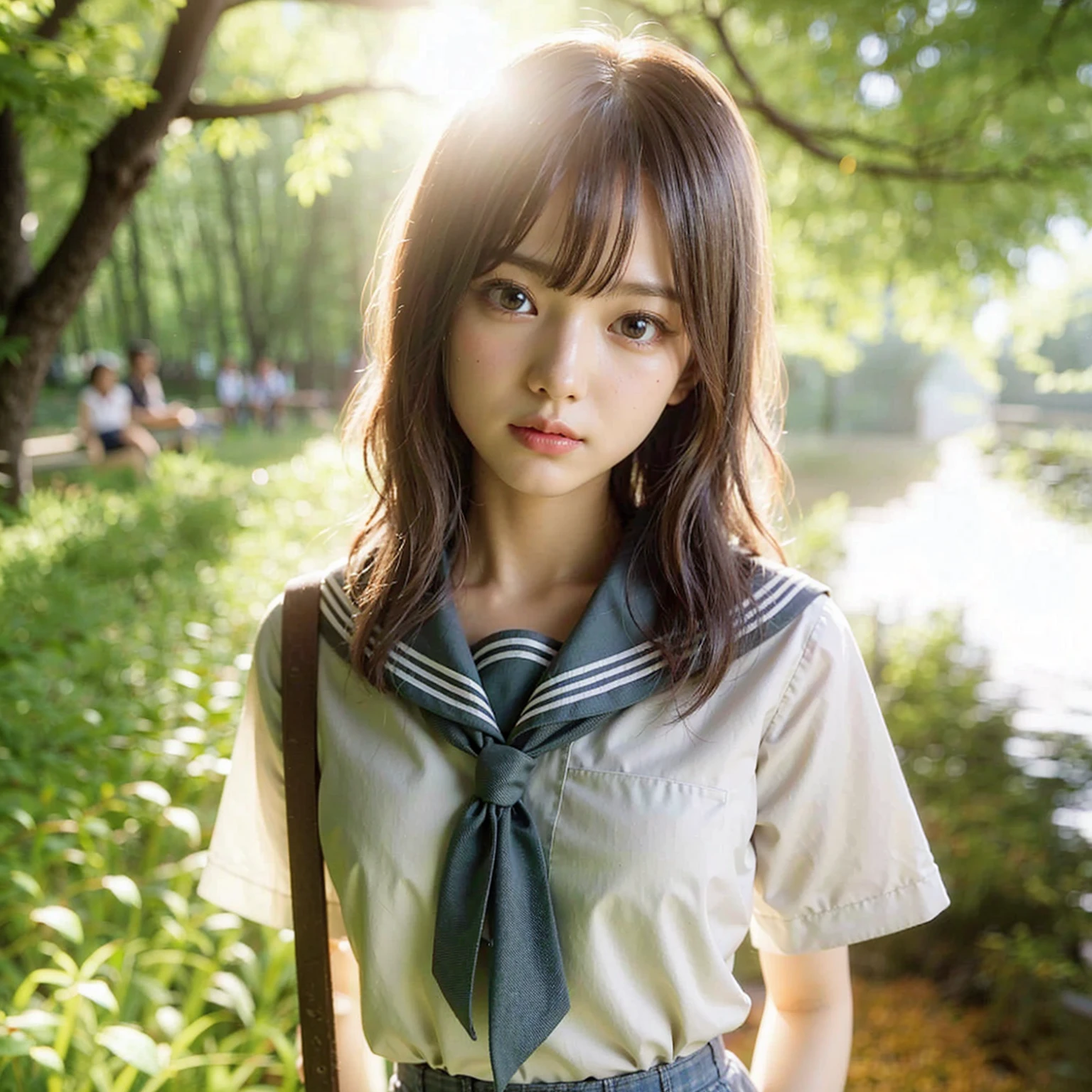(masterpiece, best quality:1.2), (8k, uhd, ultra high res), professional lighting, (super intricate all details), (super realistic all textures), realistic photo, ultra sharp photo result, superrealism, Lakeside park with sunlight shining through the trees, (school uniform, shirt, skirt), japanese female, , , skinny body, flat chest, extremely beautiful face, super detailed face, super real skin, super detailed eyes