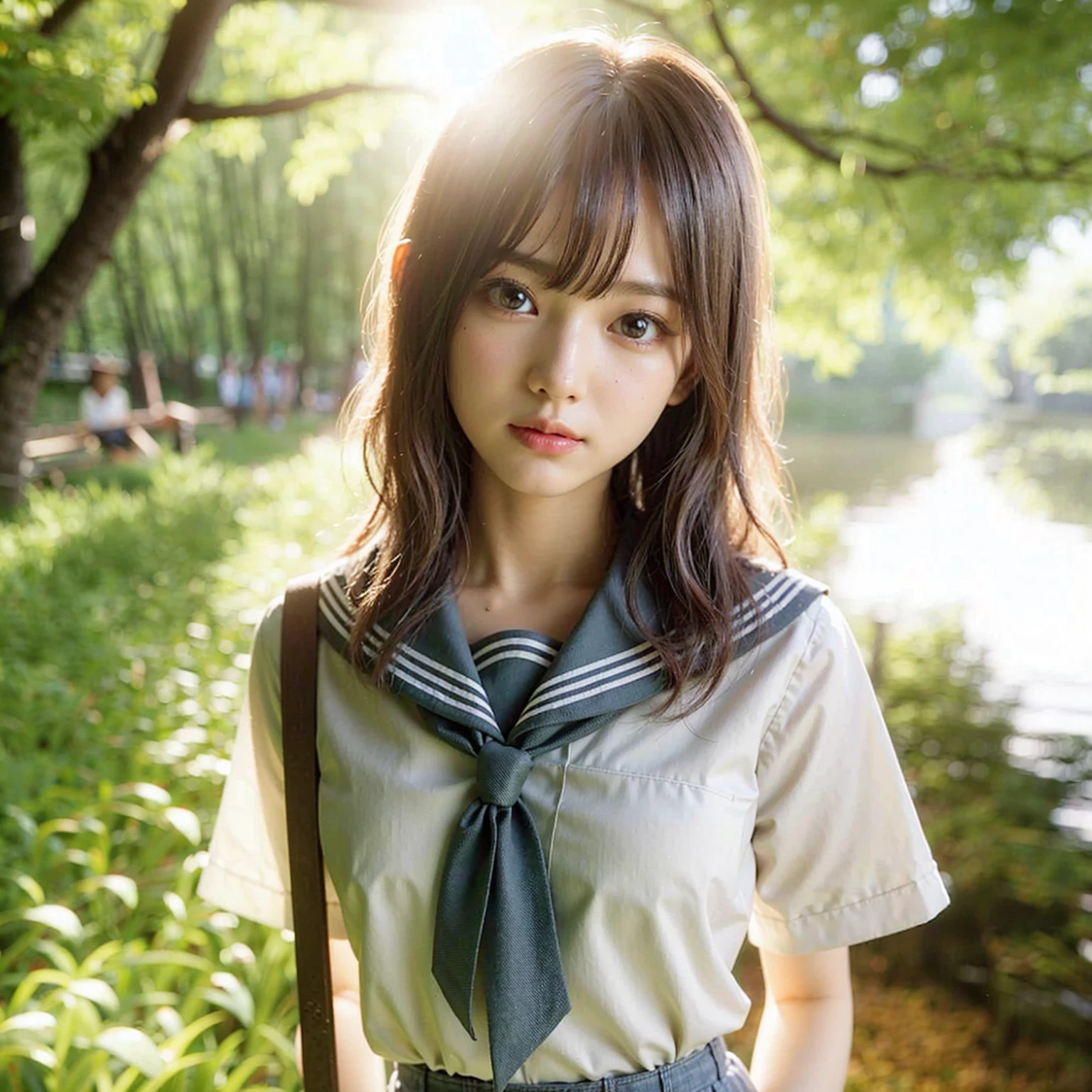 (masterpiece, best quality:1.2), (8k, uhd, ultra high res), professional lighting, (super intricate all details), (super realistic all textures), realistic photo, ultra sharp photo result, superrealism, Lakeside park with sunlight shining through the trees, (school uniform, shirt, skirt), japanese female, 17 years old, , skinny body, flat chest, extremely beautiful face, super detailed face, super real skin, super detailed eyes