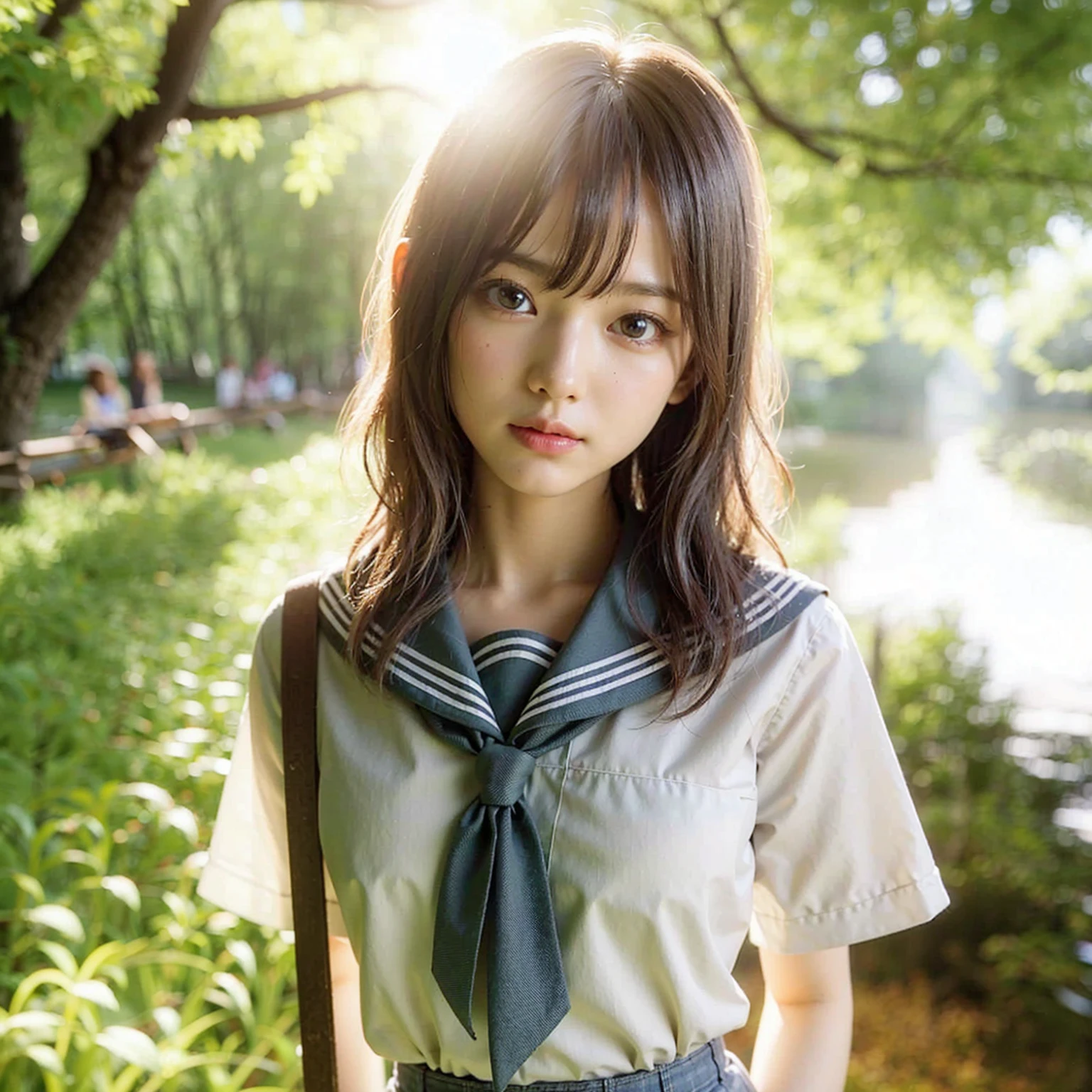 (masterpiece, best quality:1.2), (8k, uhd, ultra high res), professional lighting, (super intricate all details), (super realistic all textures), realistic photo, ultra sharp photo result, superrealism, Lakeside park with sunlight shining through the trees, (school uniform, shirt, skirt), japanese female, 17 years old, , skinny body, flat chest, extremely beautiful face, super detailed face, super real skin, super detailed eyes