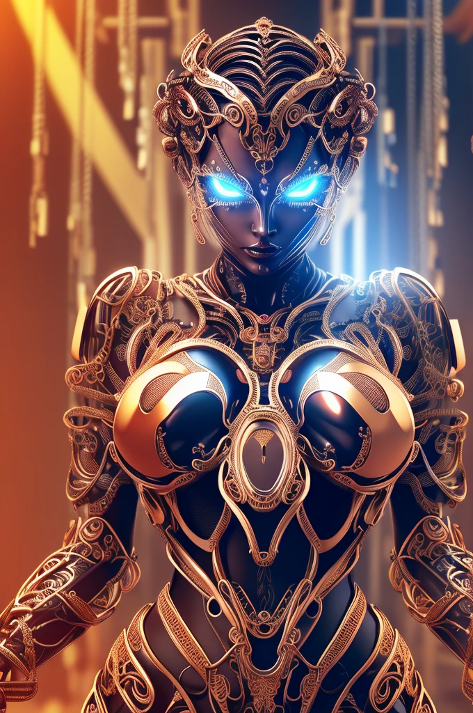 This is an artistic digital illustration portraying the bust of a female figure with cybernetic enhancements and an elaborate mechanical headdress. The figure's facial expression is passive yet intense, with striking red eyes and blue makeup accentuating her features against the contrasting cool metallic tones of the machinery. Rich in detail, the artwork blends organic and mechanical aesthetics, combining smooth human skin with intricate gears, wires, and dripping.