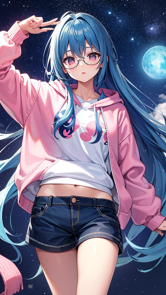 Blue Hair　Straight Hair　Long Hair　Pink Eyes　Glasses　Starry Sky　One girl　hoodie　Shorts