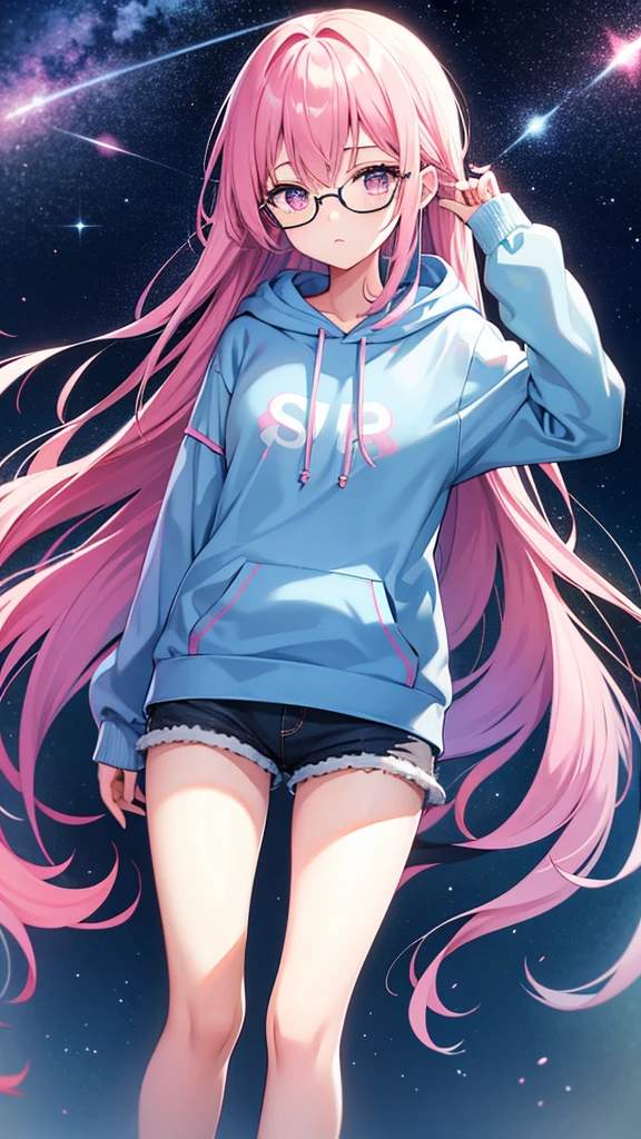 Blue Hair Straight Hair Long Hair Pink Eyes Glasses Starry Sky One girl hoodie Shorts