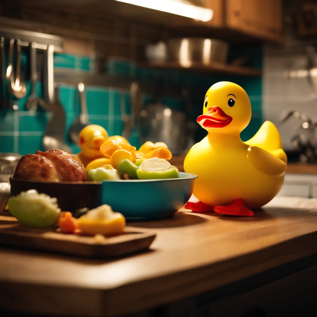 Close-up (rubber duck bath toy) sitting on a wooden table (in a kitchen) with a plate of food placed next to it.
