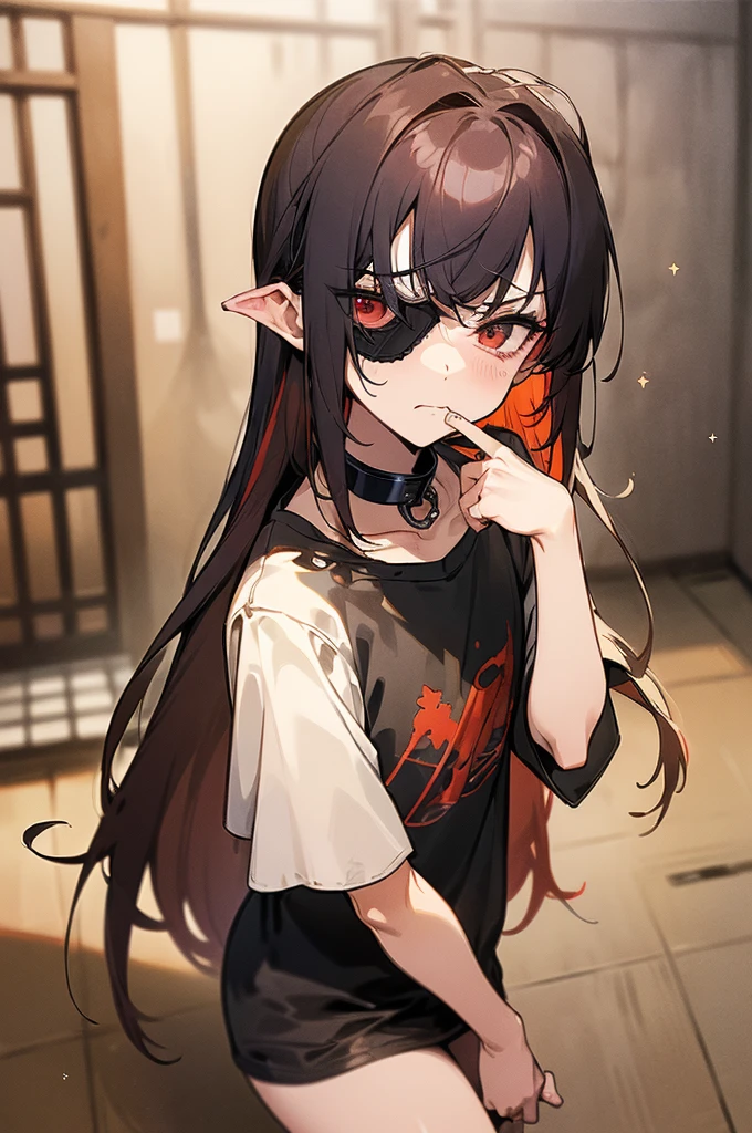 {masterpiece, distinct_image, extremely detailed CG, beautiful eyes and detailed face, 4k, 8k, high_resolution, perfect_finger, medieval style, (beautiful_detailed_eyes:1.3), glitter, no_light, dark_background{(miniboy,shota, slave:1.3), face_focus,full body, looking for_in_viewer, standing},{(shota,slave:1.3) (tattered_very_big_gray T-shirt, no pants, {thick_gray_metal_collar:1.6}, black_right_eyepatch:1.5), (red_hair, red_eyes, long_hair, hair_over_one_eye, one_eye_covered_with_hair, asymmetrical_bangs:1.4), (tired_face, glaring, breathing:1.3), (Middle_Ages_prison_indoor:1.3)}}