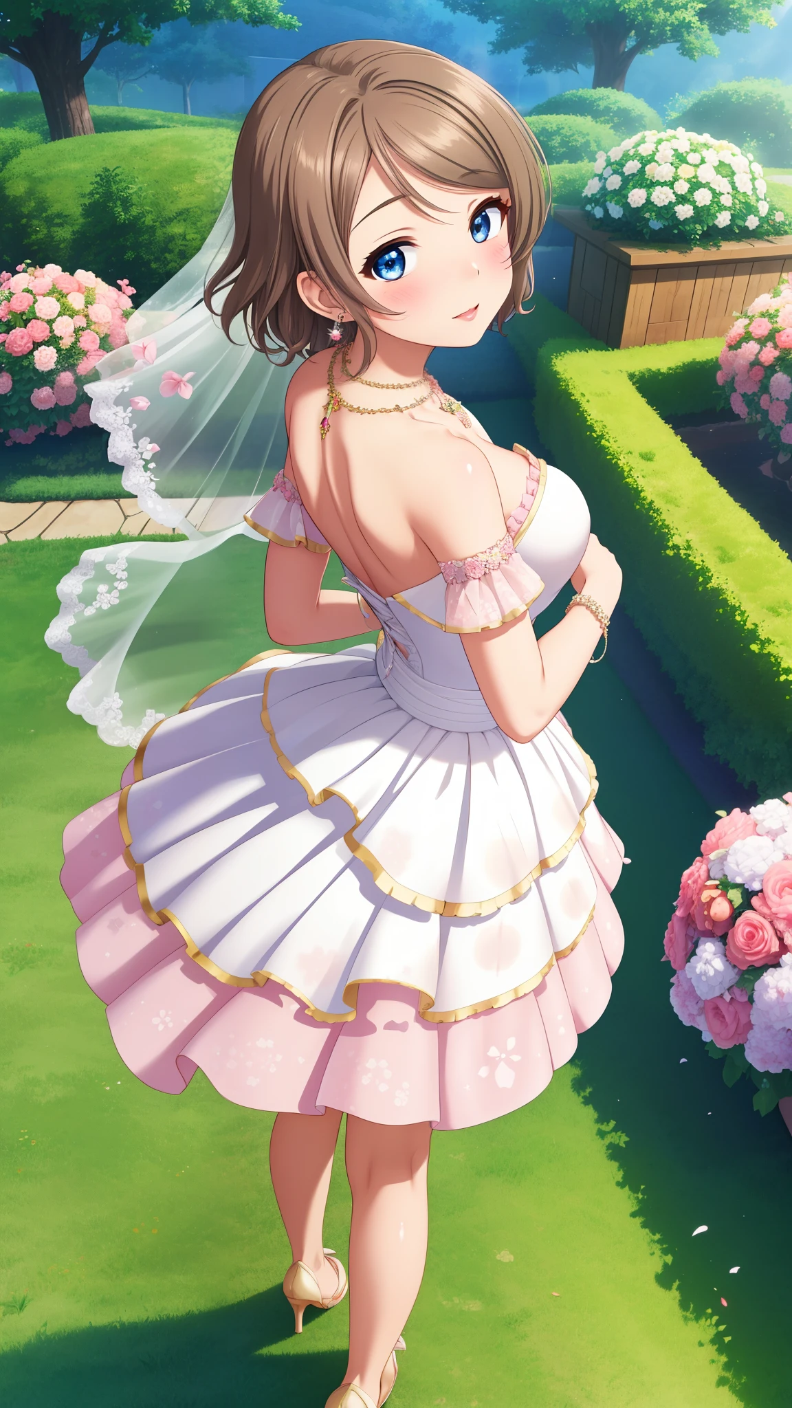 (Masterpiece), 8k wallpaper, solo, Watanabe you, game cg, beautiful detailed face and eyes, perfect anatomy, standing, outside, blush, glossy lips, wedding dress, off the shoulder, necklace, jewelry, garden, looking back at viewer