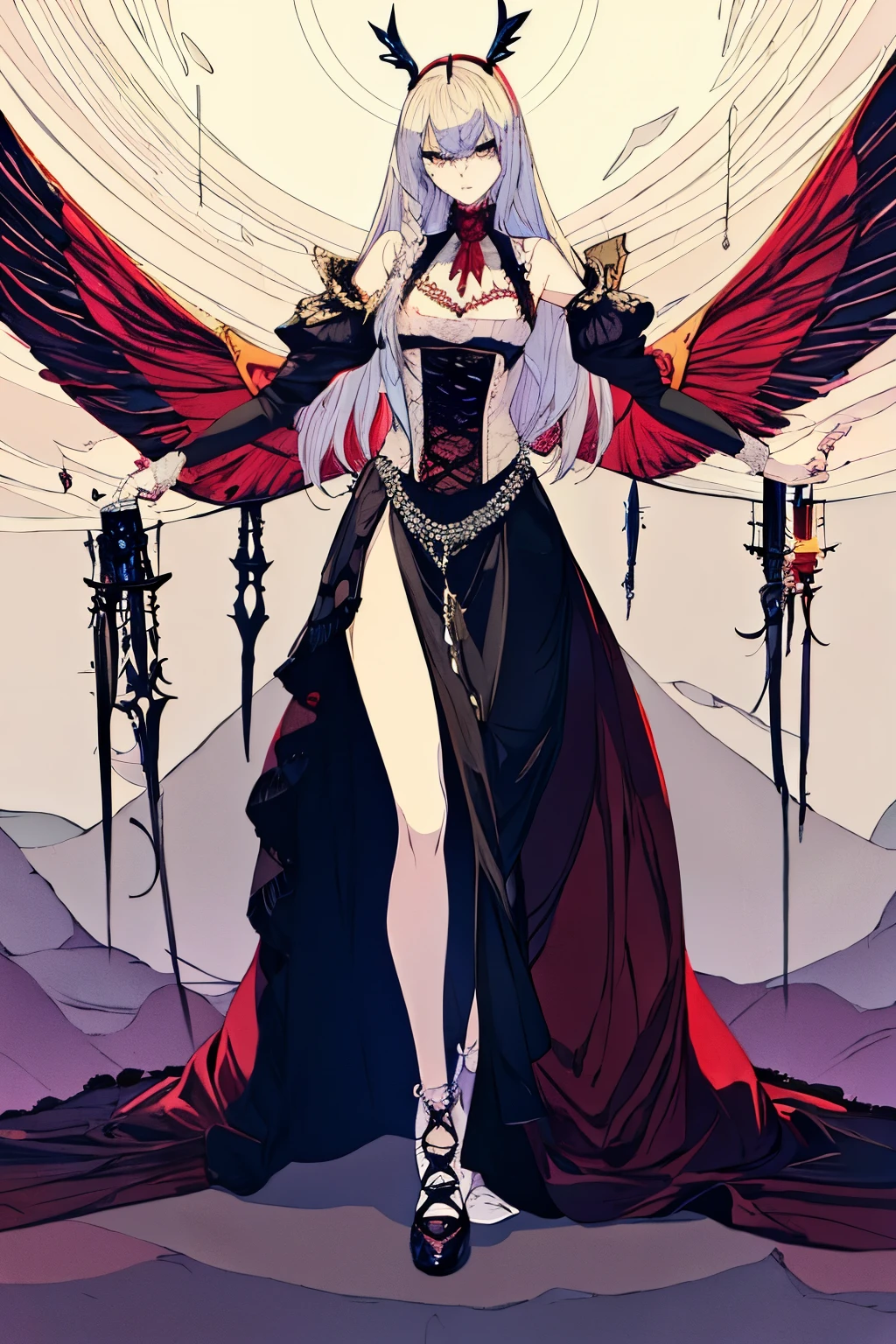  ((best quality)), ((masterpiece)), (detailed), 1girl, Character design, female, dynamic poses, long white grey hair, grey white eyes, very skinny, detailed, best quality, no accesoires around the neck, no shoes, prominent collarbones, skinny arms, flat stomach, visible hip bones, full body, blank white background, plain background, white background, red and white clothing, Bloodborne inspired, occult aesthetic, occult, detailed and intricate steampunk and detailed gothic, NSFW, Very dramatic and cinematic lighting, cosmic horror, grim-dark, side-lighting, perfect face, NSFW, Fluttering lace flared long knee length dress with frilly petticoats, knee length dress, pleated petticoats, petticoats gothic, complex lace boots, side-lighting, gothic aesthetic, wielding a mighty sword with mechanical components, mandalas, small breasts, a fairy, various different types of insect wings, NSFW, full body, whole body, body, plain background, white background, blank background, no background, white background NSFW, chains, full body, whole body, head-to-toe NSFW 