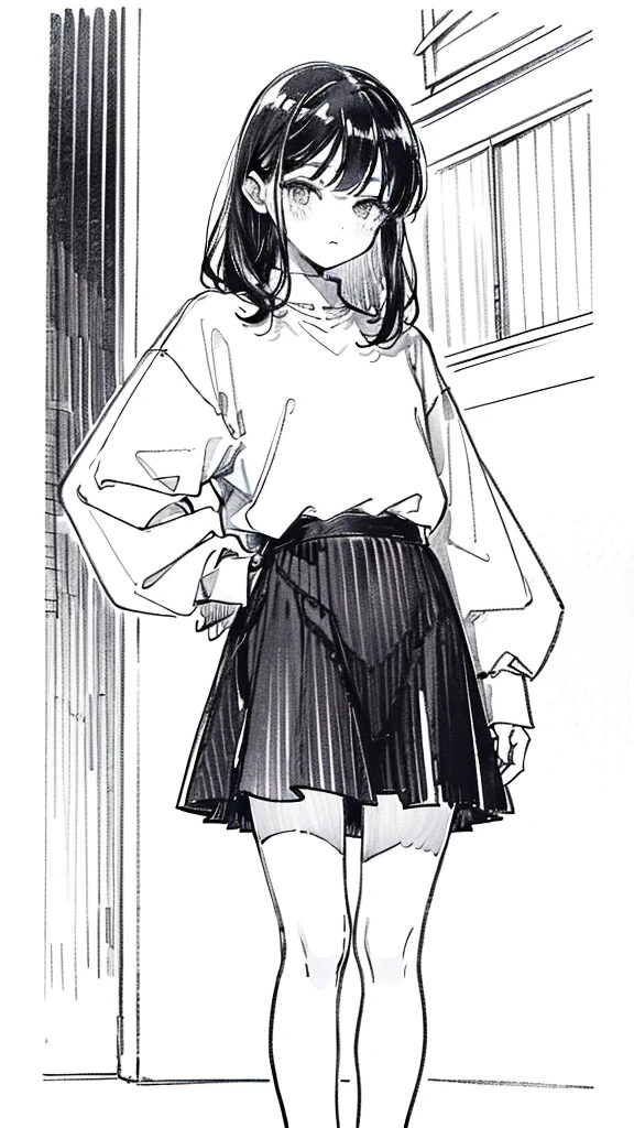 One Girl,Line art,Monochrome,sketch,Pencil drawing,Traditional Media,One Girl, 黒いskirtフェンス, Long Hair Shirt, Long sleeve, skirt, alone、Are standing、Cute age Girl, ,Beautiful portrait、Delicate body、Esbian all over、saw、ru、Bob、short hair、Patsun、Black Hair、Black Hair