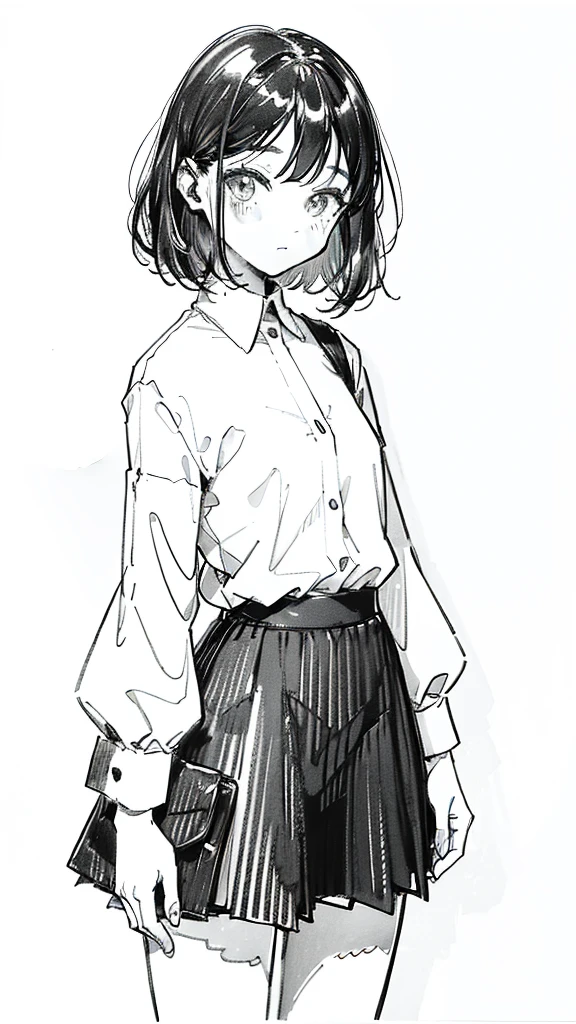 One Girl,Line art,Monochrome,sketch,Pencil drawing,Traditional Media,One Girl, 黒いskirtフェンス, Long Hair Shirt, Long sleeve, skirt, alone、Are standing、Cute age Girl, ,Beautiful portrait、Delicate body、Esbian all over、saw、ru、Bob、short hair、Patsun、Black Hair、Black Hair