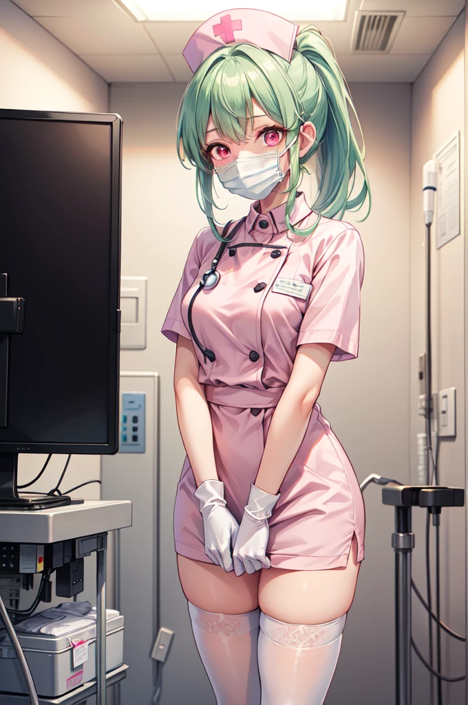 1girl, solo, nurse, nurse cap, white nurse uniform, ((white legwear, zettai ryouiki)), white gloves, ponytail, green hair, pink eyes, ((white surgical mask, covered nose)), standing, ((hospital room)), sharp outline, short sleeves, best quality, masterpiece