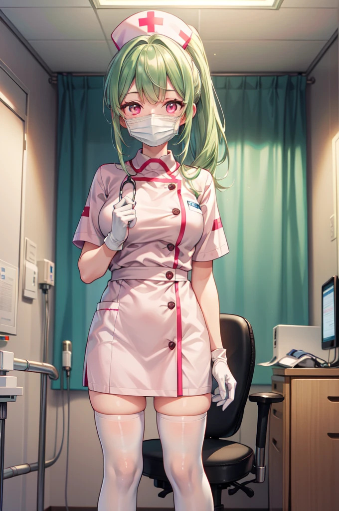 1girl, solo, nurse, nurse cap, white nurse uniform, ((white legwear, zettai ryouiki)), white gloves, ponytail, green hair, pink eyes, ((white surgical mask, covered nose)), standing, ((hospital room)), sharp outline, short sleeves, best quality, masterpiece