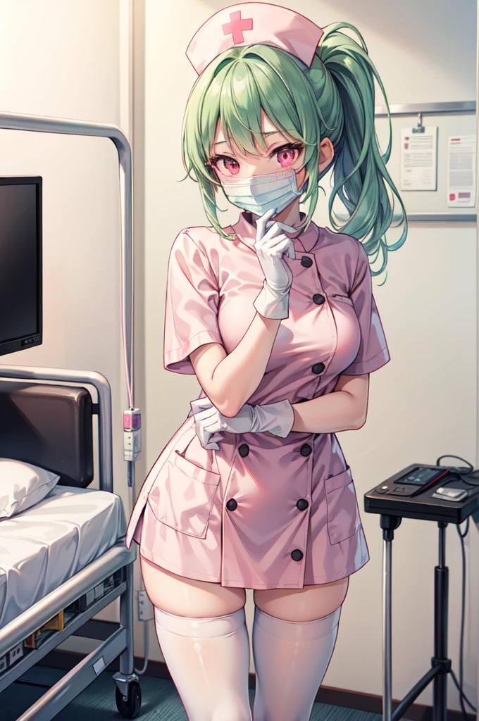 1girl, solo, nurse, nurse cap, white nurse uniform, ((white legwear, zettai ryouiki)), white gloves, ponytail, green hair, pink eyes, ((white surgical mask, covered nose)), standing, ((hospital room)), sharp outline, short sleeves, best quality, masterpiece