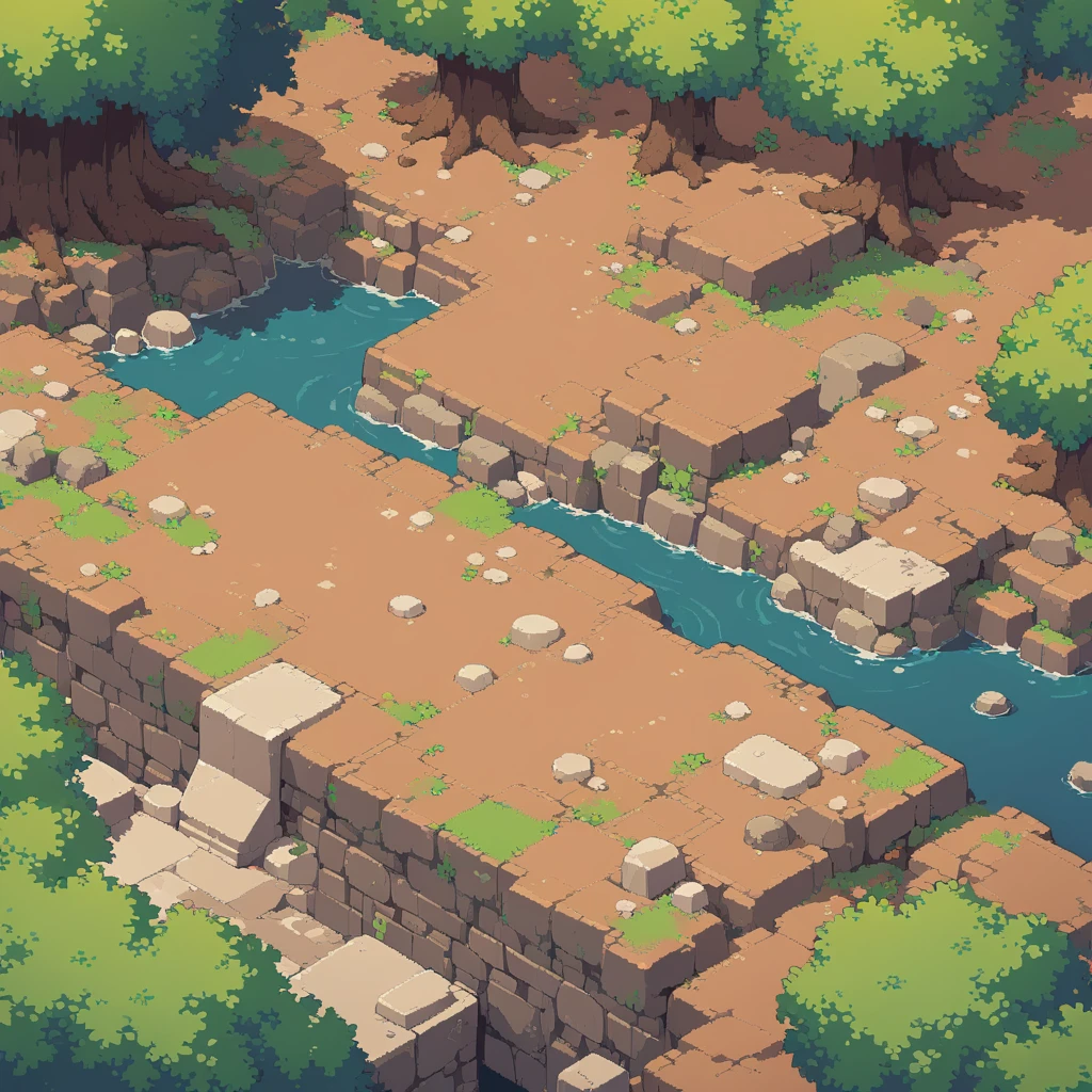 retro video game style,pixelated graphics,vibrant colors,8-bit characters,blocky shapes,sharp lines,detailed shading,classic gaming vibe,nostalgic atmosphere,classic arcade games,masterpiece:1.2,ultra-detailed,illustration style, 2d texture, clay texture, stone texture, 4 k seamless mud texture, video game texture, dirt texture, clay material, flat texture, grass, trees, rock texture, rocky ground, forest, topdown view, game texture, background art, ground very detailed, dirt, floor texture, tileable texture, flowers, bushes, shrubs, intricate ground stone, top down view, 3/4th perspective