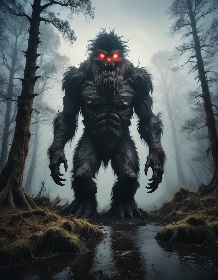 photograph (Giant monster:1.3), Towering (Lonely Wanderer:1.1) Vintage suits, Black shaggy fur, (Glowing Eyes:1.2), It was foggy, Dark forests and swamps, night, Difficult to see, (Rugged mountain scenery:1.1), Ethereal Light Shaft, (Creepy old tree々:1.1), tranquil yet debtoreboding, Sony a1, 1/800 series, debt/5.6, ISO320 specifications, Epic Scale, High Dynamic Range, immersive environments, 生photograph, Professional Grade,A giant creature looming on the horizon, Large scale, Impending doom,