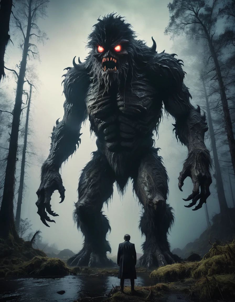 photograph (Giant monster:1.3), Towering (Lonely Wanderer:1.1) Vintage suits, Black shaggy fur, (Glowing Eyes:1.2), It was foggy, Dark forests and swamps, night, Difficult to see, (Rugged mountain scenery:1.1), Ethereal Light Shaft, (Creepy old tree々:1.1), tranquil yet debtoreboding, Sony a1, 1/800 series, debt/5.6, ISO320 specifications, Epic Scale, High Dynamic Range, immersive environments, 生photograph, Professional Grade,A giant creature looming on the horizon, Large scale, Impending doom,