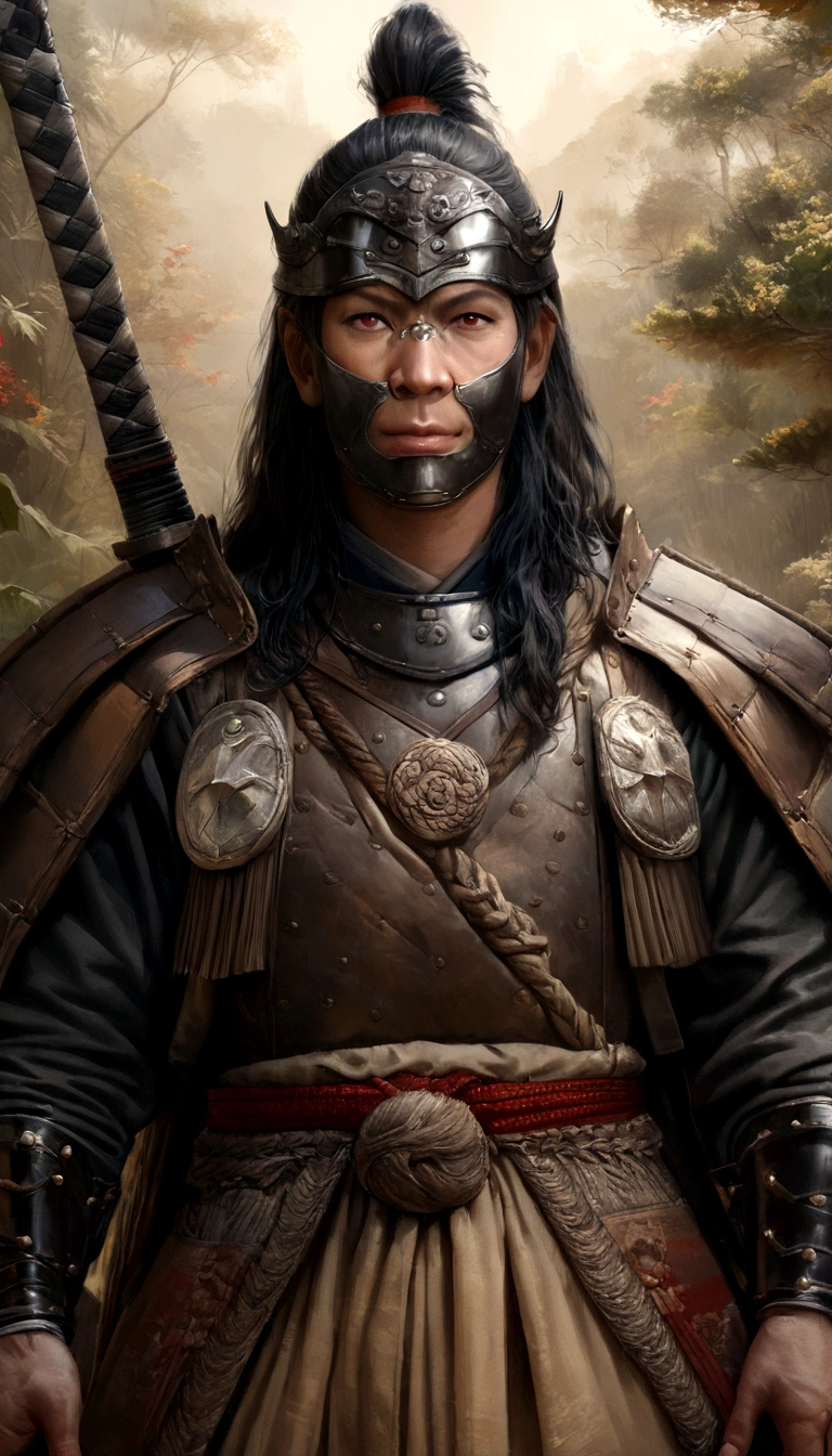 (highest quality,4K,8k,High resolution,masterpiece:1.2),Super detailed,(Realistic,photoRealistic,photo-Realistic:1.37),Japanese samurai in the Sengoku period, Wearing full samurai armor, Wearing a black warrior mask, Brandishing a sharp sword, Gives off a strong sense of intimidation, Glowing red eyes, Three Rivers Samurai,The background is a sandy beach,Attacking posture