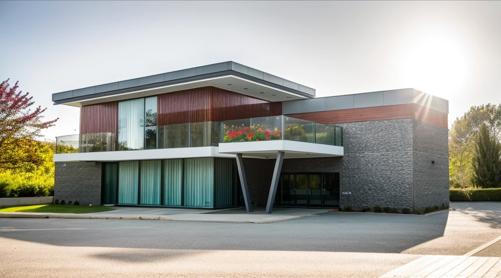 exterior of 2nd office building, contemporary style, glass partition, louver, sun flare, plants and flowers on balconies, vivid colour, beautiful landscape, stone pavement,cars, realistic, RAW photo, 8k uhd, dslr, soft lighting, high quality, film grain, Fujifilm XT3