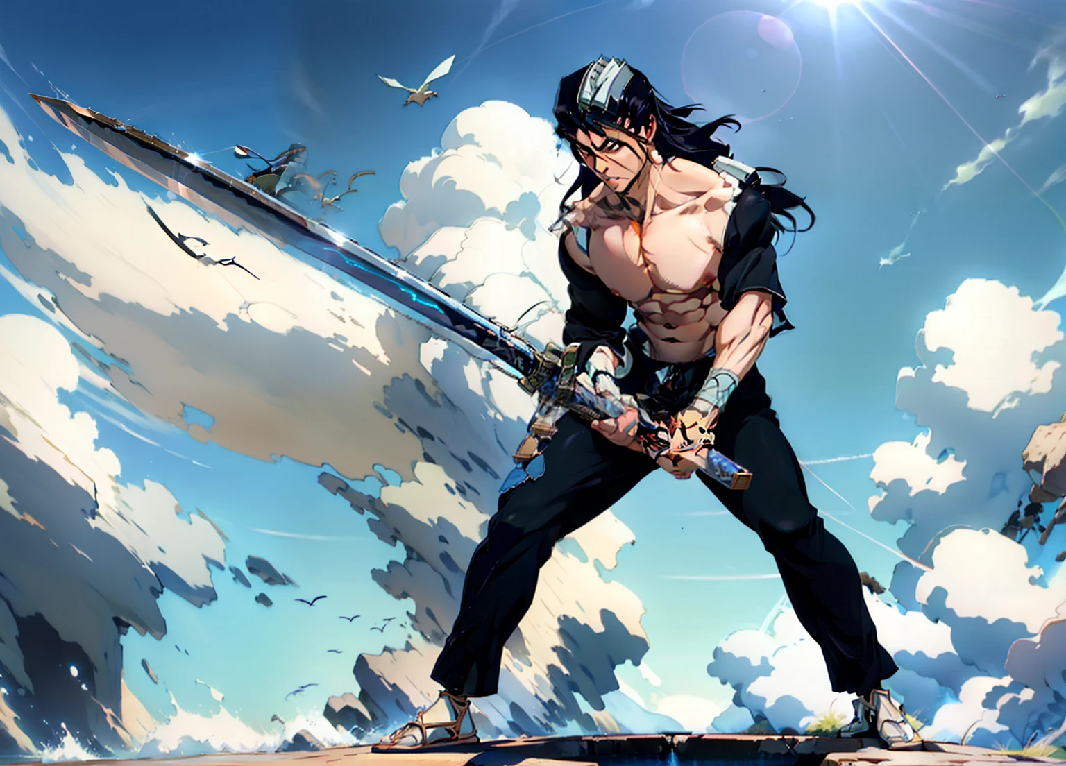 1boy, 26 Years old, Serious face, black hair, long hair, muscular, shirtless, ((black long pants)), holding giant sword, blue sky, cloud