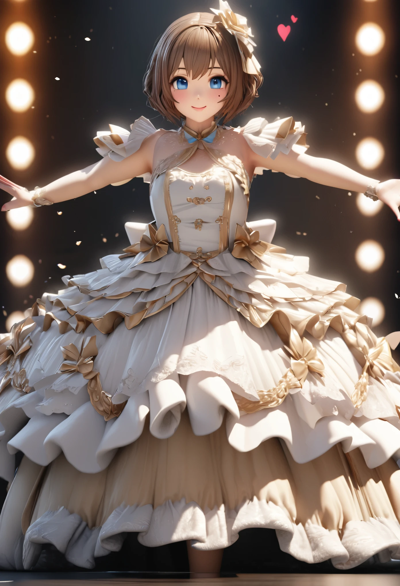 One Girl、Looking at the audience、
Beautiful Blue Eyes、Brown short hair、Mole under the eye、Plump and glossy lips、Heart-shaped choca、Idol、smile、ー、。.。.。.。.。.。.。.。.。.。.。.。.。.。.。.。.。.。.3D、Realistic、
Princess dress with too many frills、Drape clothes、gem、The decoration has been removed、Floral、Lace trim、bright stage、
masterpiece、highest quality、8k、Detailed skin texture、Detailed cloth texture、Beautifully detailed face、Intricate details、Very detailed、
超A high resolution、8K Ultra HD、Film Grain、Best Shadow、delicate、Staring at the audience、front