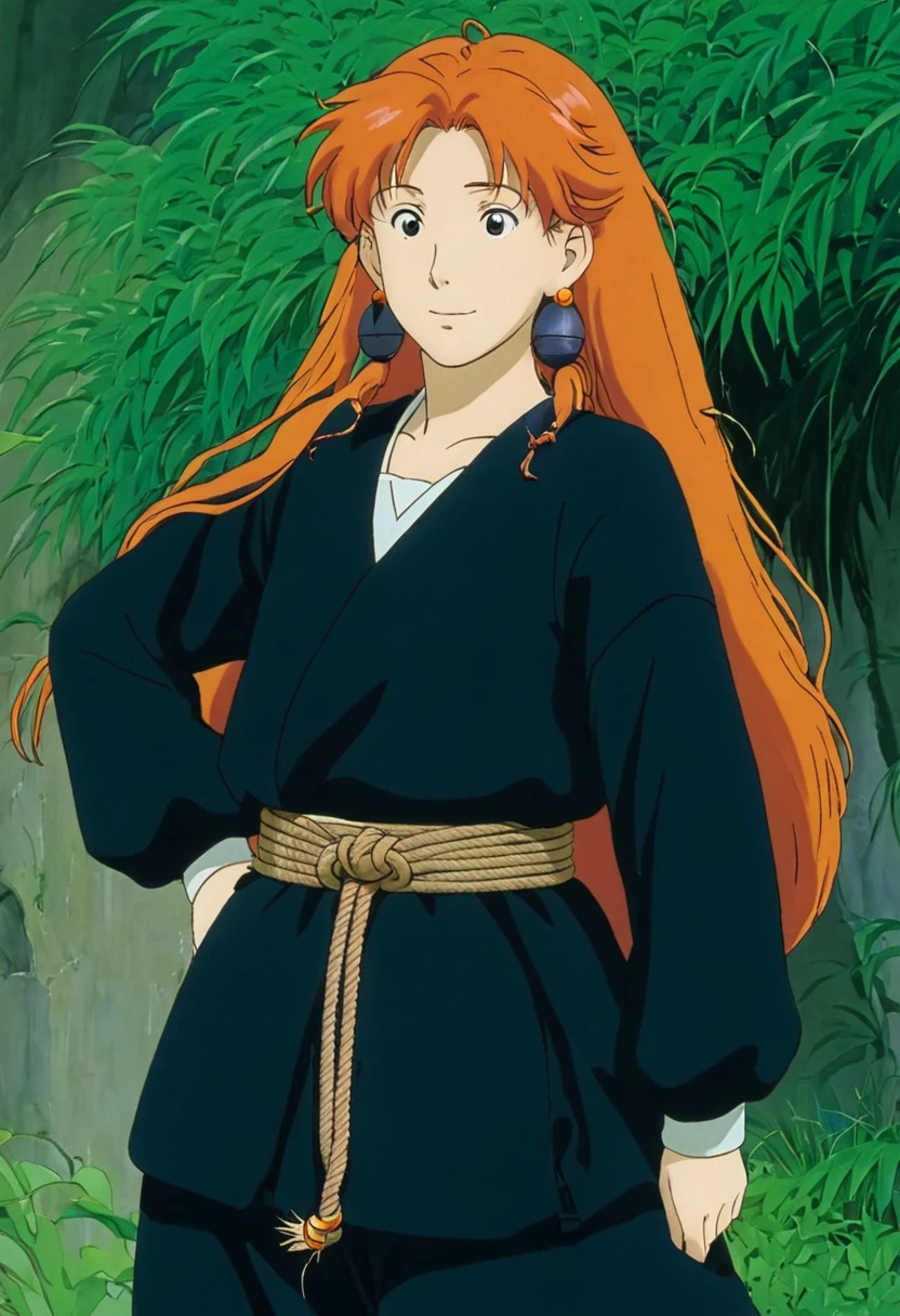 A Ghibli's studio character. With very long orange hair and dark large clothes. Her belt is a rope and she wear very noticeable earrings