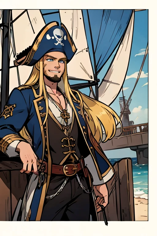 A muscular blonde haired male pirate with blue eyes and long hair and a dark beard in a pirate's outfit is smiling on a pirate ship