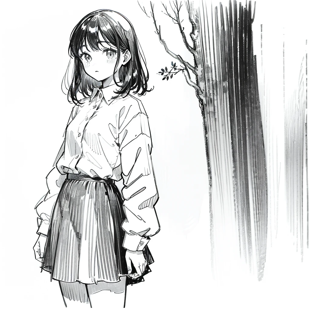 One Girl,Line art,Monochrome,sketch,Pencil drawing,Traditional Media,One Girl, 黒いskirtフェンス, Long Hair Shirt, Long sleeve, skirt, alone、Are standing、Cute Teenage Girl, ,Beautiful portrait、Delicate body、Esbian all over、saw、ru、Bob、short hair、Patsun、Black Hair、Black Hair