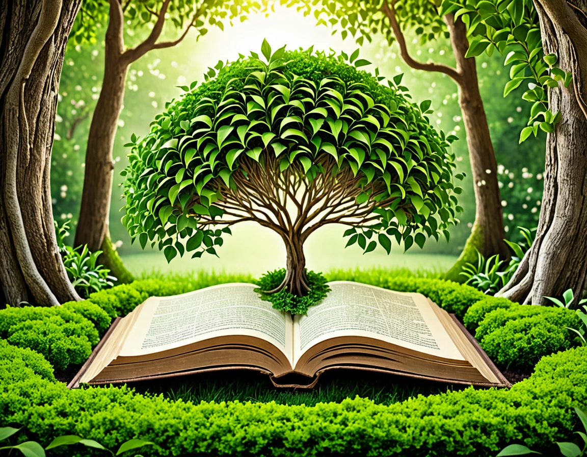 Create a 4K image of an open old book with pages transforming into trees and plants, symbolizing the growth of knowledge and the environment. The background shows a lush garden emerging from the book. The image should be highly detailed, in sharp focus, and of very high quality with no blur.