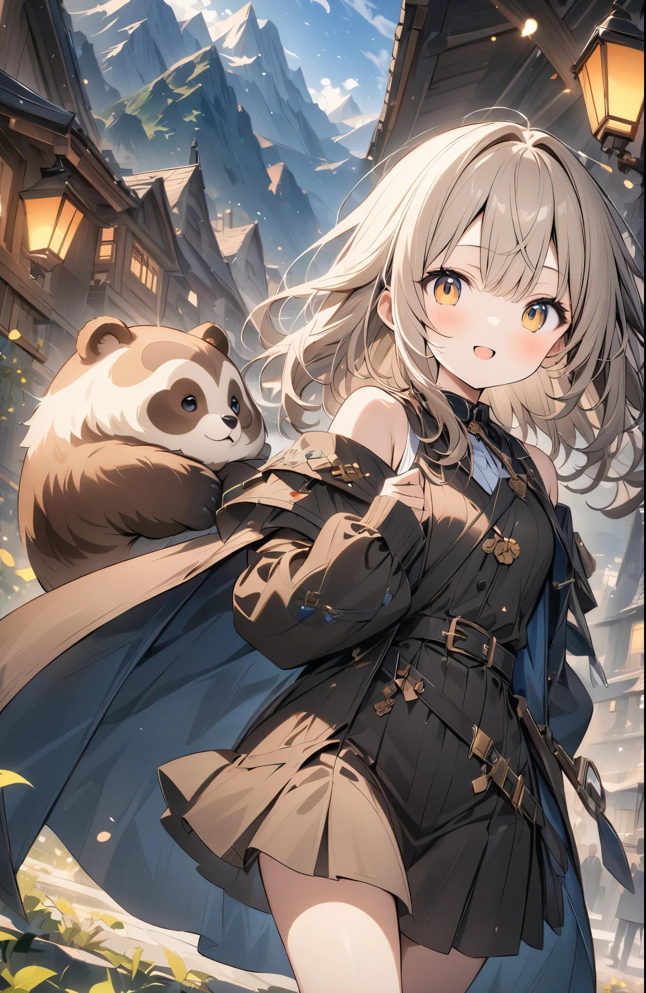 超High resolution, Attention to detail, high quality, High resolution, 最high quality, 4K, 8k, Awards, masterpiece,Tanuki Village、Lots of cute raccoons、Raccoon transforms into a human girl、cute、Mountain Information、Artwork