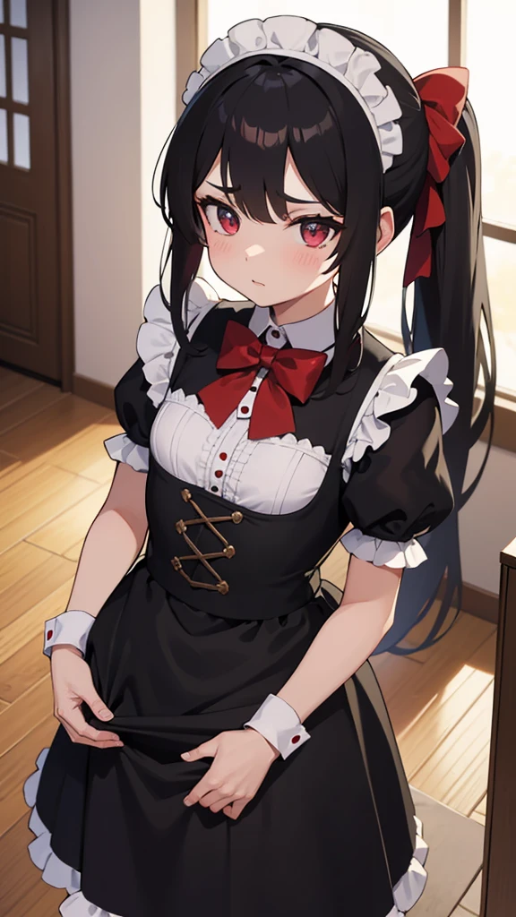adulto, Cabello negro ondulado, mirada penetrante con ojos profundos de color rojo, estatura promedio, Silky hair with a ponytail hairstyle collected with a red bow with two white lines, tiene pechos medianos, primer plano, session, standing in the middle of his room [[[Risa malvada]]] , Sonrojada, muslos grandes, maid, sirvienta, nsfw, calzon blanco, raising her maid&#39;s skirt to show her panties to the camera, lifting her skirt to show her panties, agarrando la falda con sus dos manos para levantarla, SHOWING PANTIES, calzon blanco, falda levantada 