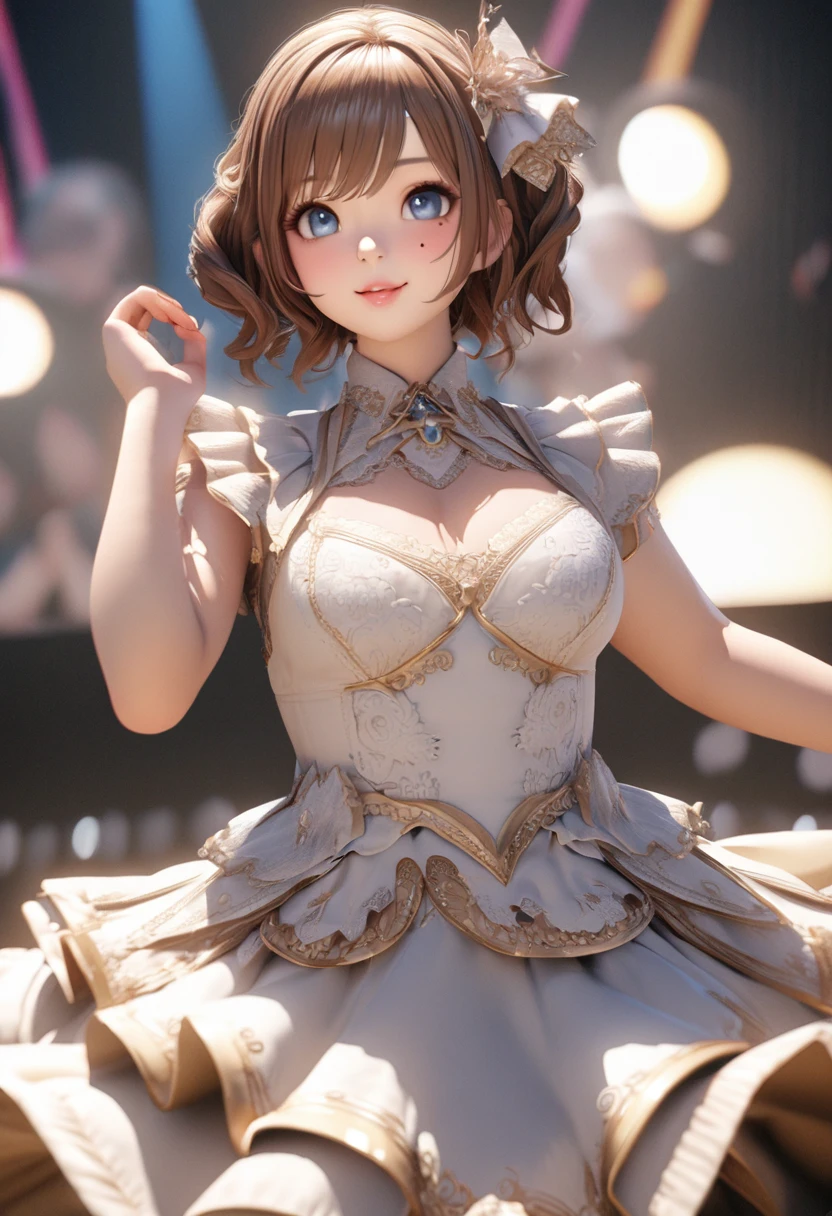 One Girl、Looking at the audience、
Beautiful Blue Eyes、Brown short hair、Mole under the eye、Plump and glossy lips、Heart-shaped choca、Idol、smile、ー、。.。.。.。.。.。.。.。.。.。.。.。.。.。.。.。.。.。.3D、Realistic、
Princess dress with too many frills、Drape clothes、gem、The decoration has been removed、Floral、Lace trim、bright stage、
masterpiece、highest quality、8k、Detailed skin texture、Detailed cloth texture、Beautifully detailed face、Intricate details、Very detailed、
超A high resolution、8K Ultra HD、Film Grain、Best Shadow、delicate、Staring at the audience、front