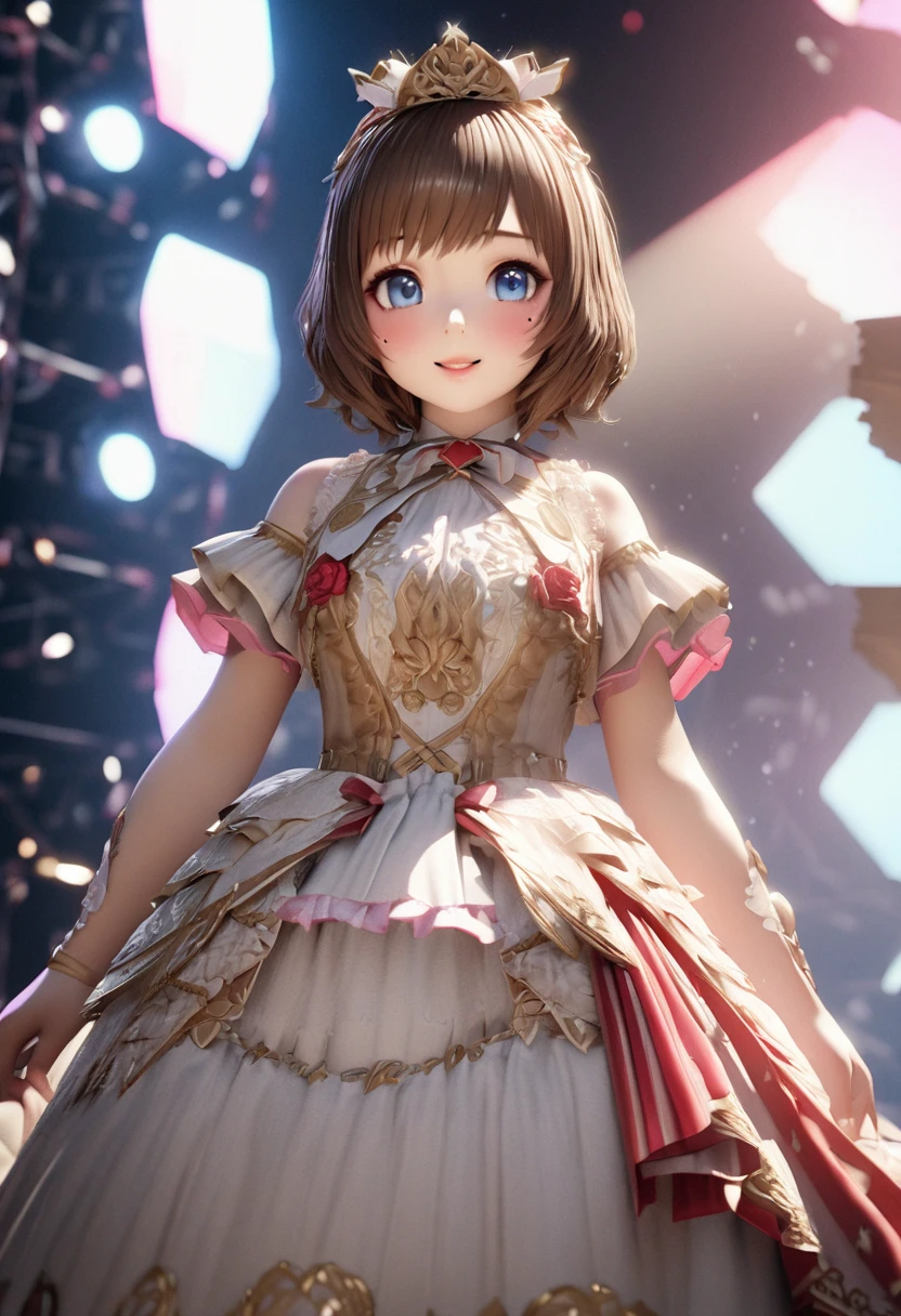 One Girl、Looking at the audience、
Beautiful Blue Eyes、Brown short hair、Mole under the eye、Plump and glossy lips、Heart-shaped choca、Idol、smile、ー、。.。.。.。.。.。.。.。.。.。.。.。.。.。.。.。.。.。.3D、Realistic、
Princess dress with too many frills、Drape clothes、gem、The decoration has been removed、Floral、Lace trim、bright stage、
masterpiece、highest quality、8k、Detailed skin texture、Detailed cloth texture、Beautifully detailed face、Intricate details、Very detailed、
超A high resolution、8K Ultra HD、Film Grain、Best Shadow、delicate、Staring at the audience、front