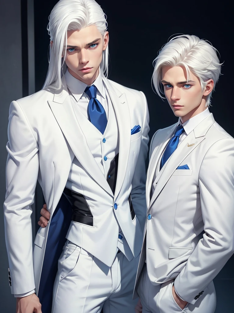 (best quality), 1boy, male, white skin, white hair, medium hair, Side Part, straight hair, blue eyes, perfect eyes, pure, shy, suit, fully clothed, masculine body, skinny body, masterpiece, anatomically correct, highres