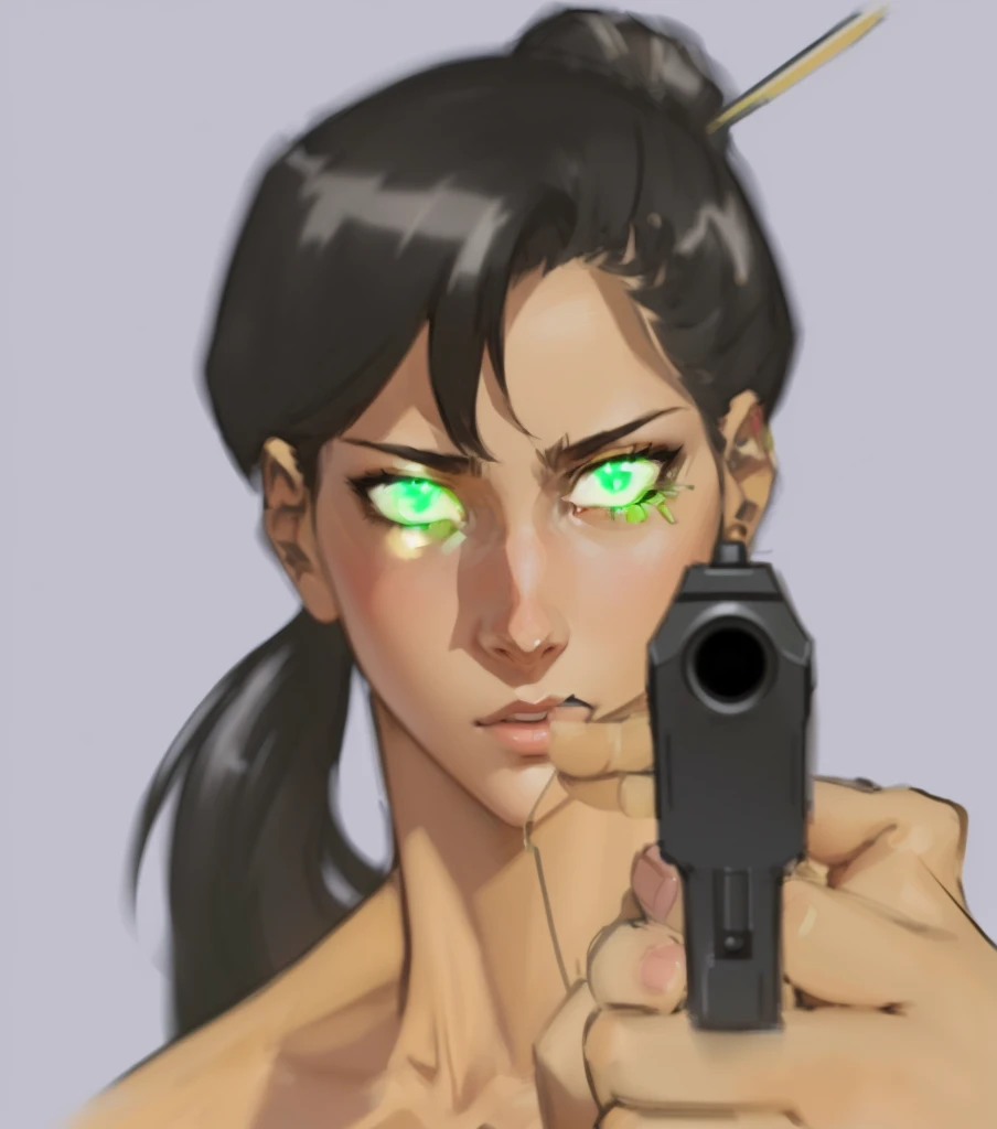Portrait, illustration, anime girl with green eyes holding a gun in her hand, laser wip, sly expression, cel - shaded art style, cel shading, character art closeup, high detail, perfect, immaculate