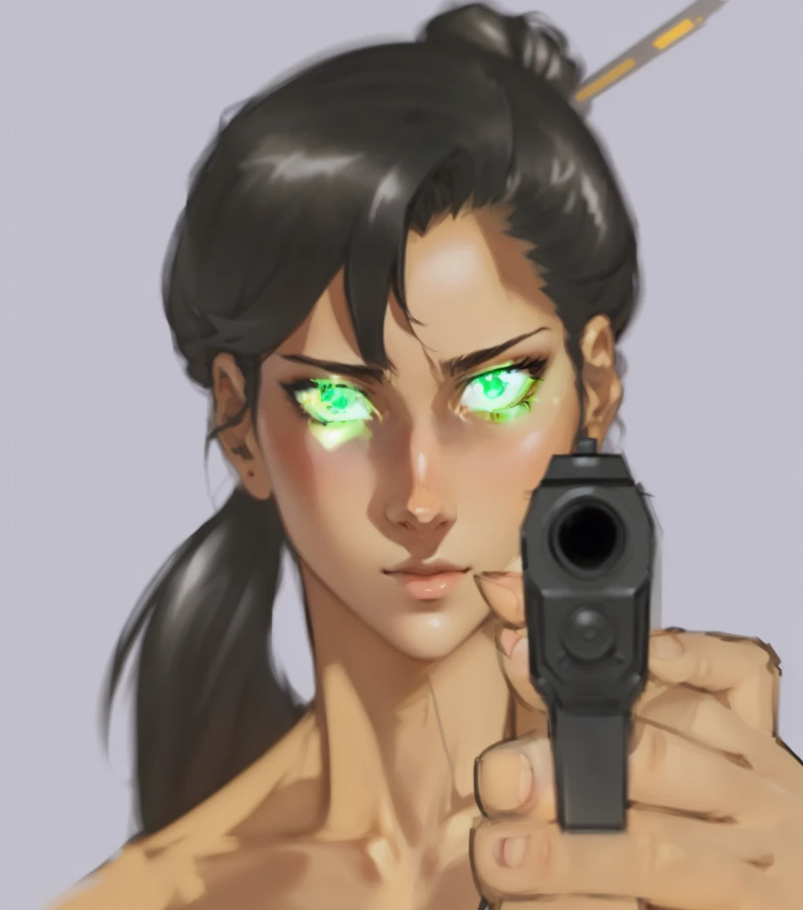 Portrait, illustration, anime girl with green eyes holding a gun in her hand, laser wip, sly expression, cel - shaded art style, cel shading, character art closeup, high detail, perfect, immaculate