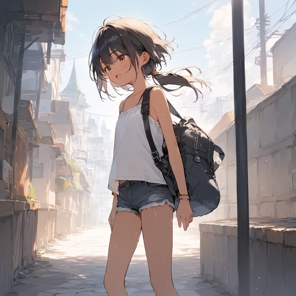 score_9, score_8_up, score_7_up, source_anime, best quality, masterpiece,official art, absurdres, highres, waifu2x,Collection: Slice of Life,break,1girl, tomboy, dark-skinned female, short hair, low ponytail, flat chest, beautiful detailed eyes, short shorts, sweat, open mouth, (yawn:0.3), sleepily, outdoors, wind, break,(clear line illustration:1.2),very high resolution, very aesthetic, super detailed skin, Best sexual lighting powered by famous artist, 8k,cute picture,beauty illustration,photoshop_(medium),,(Detailed Lighting)