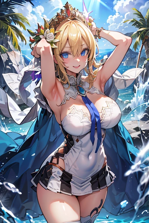 duck squat, spread legs, open legs,
((highest quality)), ((masterpiece)),(detailed),High resolution,Sharp focus,Perfect Face,{best illustration},(complete anatomy),
(非常にdetailed CG unity 8k wallpaper),(((Vibrant colors))),Official Art,granblue fantasy,
((detailedなボディ)),(detailedな顔)), cute,Lewd,erotic,Bold,Camel Toe,
very shiny 肌,Shiny body,plastic glitter 肌,exaggerated shiny 肌,illuminated skin,
Big Breasts,glamorous,Tight waist,Long legs,curve,Cleavage,erotic,Bold,Revealing clothing,show 肌,
(Realistic eyes, Natural skin texture, Realistic facial details),Europa,, Blonde,Blue Eyes,Beauty,Tiara with flowers and veil,
(Flying debris, 超High resolution),(((Light blue and white theme))),Wear an iridescent aura,Invisible Light, Amazing shine, Sky blue glow, The colors of another world,
Bright colors, Ghostly Effects,Surreal Landscape,
White Mini Dress,White boots,Dark blue skirt-style cloak,Gold Jewelry,
smile, Open your mouth, arms behind head,
Cumulonimbus,Surrounded by water, reflection,Breathtakingly beautiful clouds,Light,Dazzling Light,Cinematic Light.The wind is blowing,Vast ocean,
White sand beach,Coconut Tree,Sparkling Splashes,