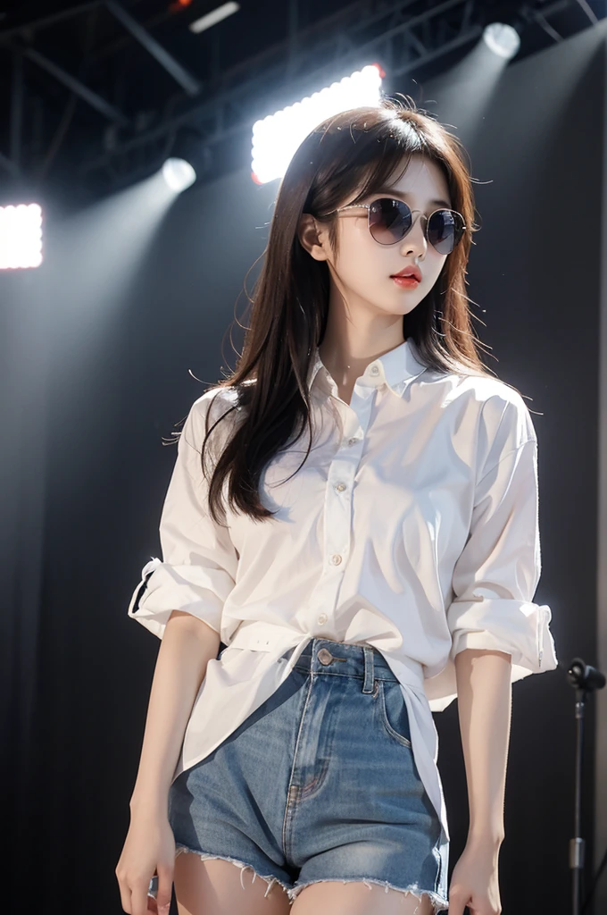 /I A Korean girl wearing a super shorts is Standing on stage，Rainy days，Wearing sunglasses，Blurred background，realistic style，Exquisite three-dimensional facial features，White and clear skin，Fashionable dressing，Textured Clear hair，Clear image quality and high detail，art wallpaper, wallpaper for desktop,best quality, Indoor lighting，super detail,C4d rendering，32k --ar 9:16 --sref 1180446317 --stylize 400 --niji 6