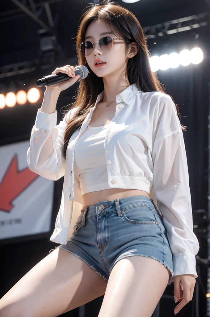 /I A Korean girl wearing a super shorts is Standing on stage，Rainy days，Wearing sunglasses，Blurred background，realistic style，Exquisite three-dimensional facial features，White and clear skin，Fashionable dressing，Textured Clear hair，Clear image quality and high detail，art wallpaper, wallpaper for desktop,best quality, Indoor lighting，super detail,C4d rendering，32k --ar 9:16 --sref 1180446317 --stylize 400 --niji 6