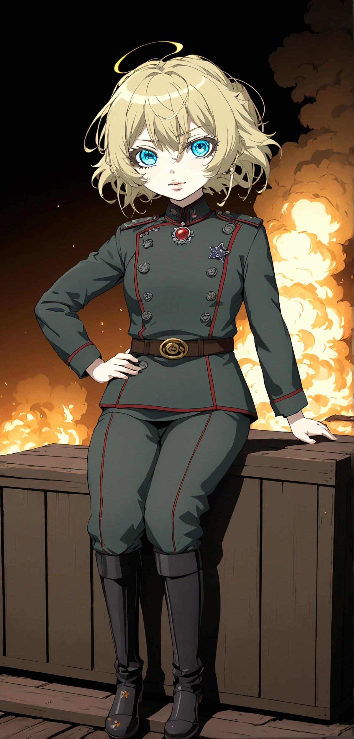 A beautiful anime girl wearing a  military uniform, sit on wood box drink coffee behind warehouse burning in the night, 90 photo color tones, detailed face and eyes, masterpiece, highly detailed, photorealistic, cinematic lighting, dramatic shadows, vibrant colors, intricate details, elegant pose, stoic expression